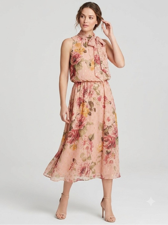 Jessica Howard Dresses & Skirts - Jessica Howard Blush Floral Chiffon Halter Tie-Neck Midi Dress Metallic Size 8